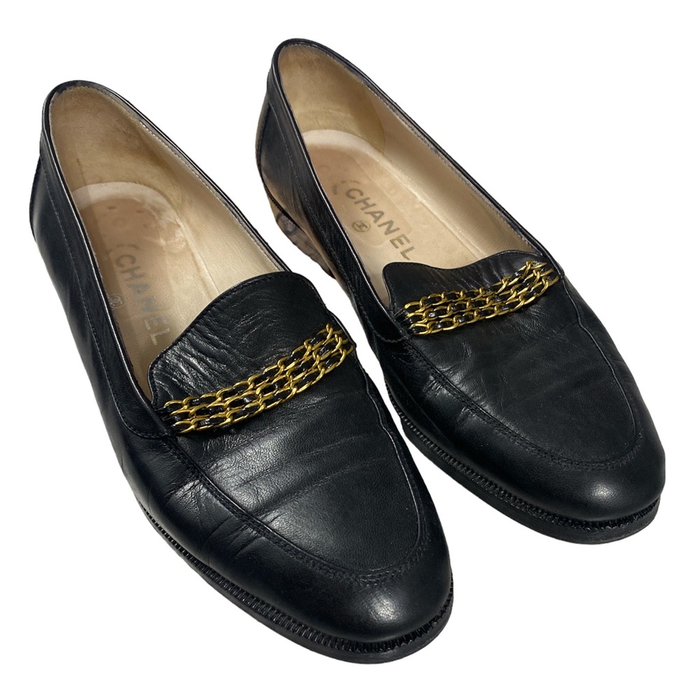 Chanel Authentic Vintage Chain Soft Black Leather Women’s Timeless Loafers 9.5